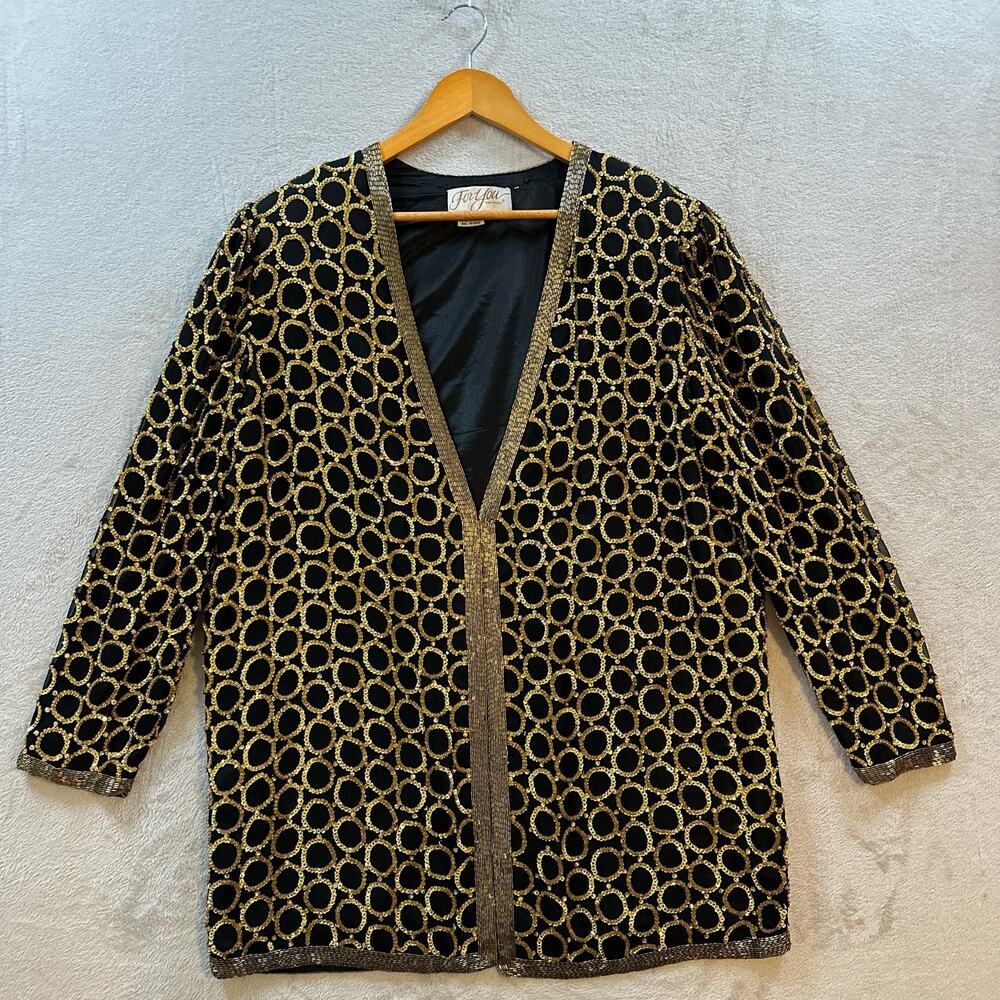 Vintage 80s For You Spiegal Women’s 1X Silk Black Gold Sequins Evening Jacket